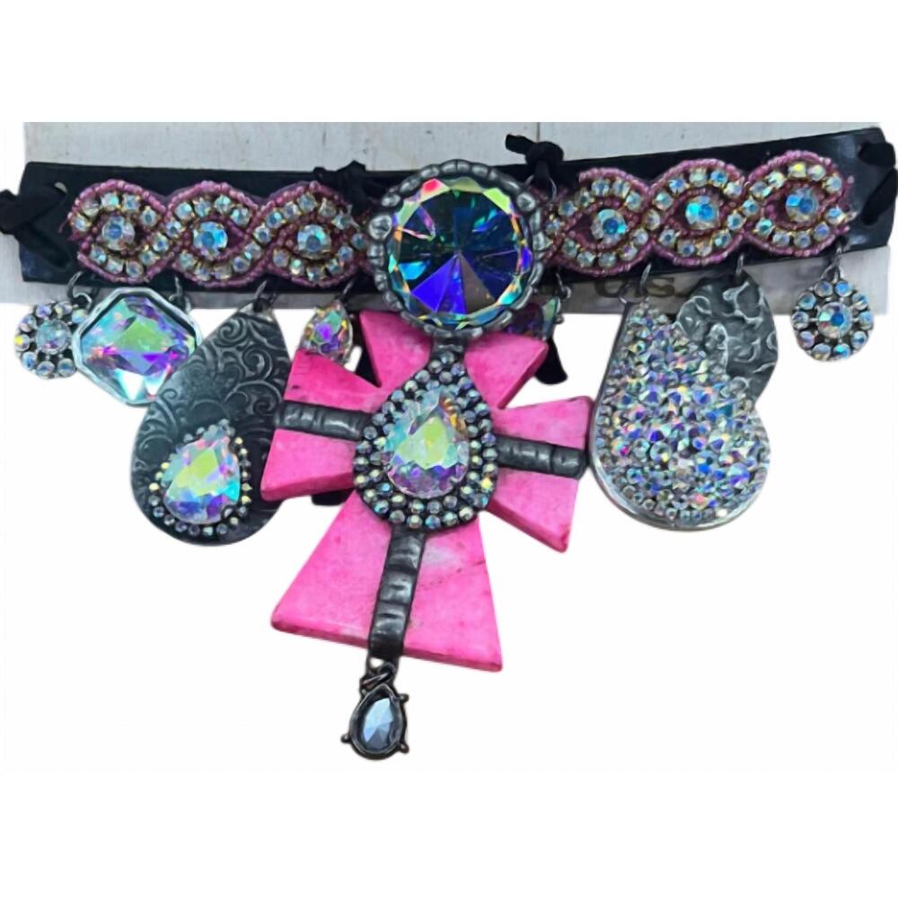 NEW ART BY AMY LABBE women's cross choker necklace belt in pink & black - Picture 2 of 2